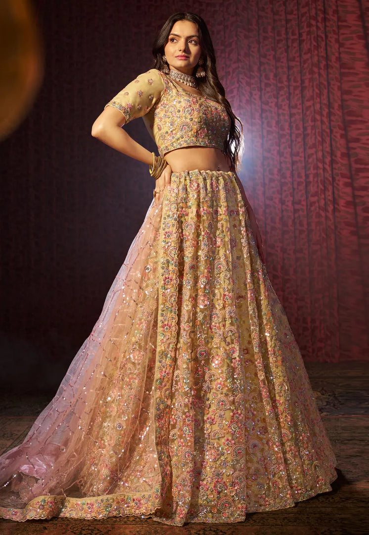 Peach Net Lehenga Choli For Wedding