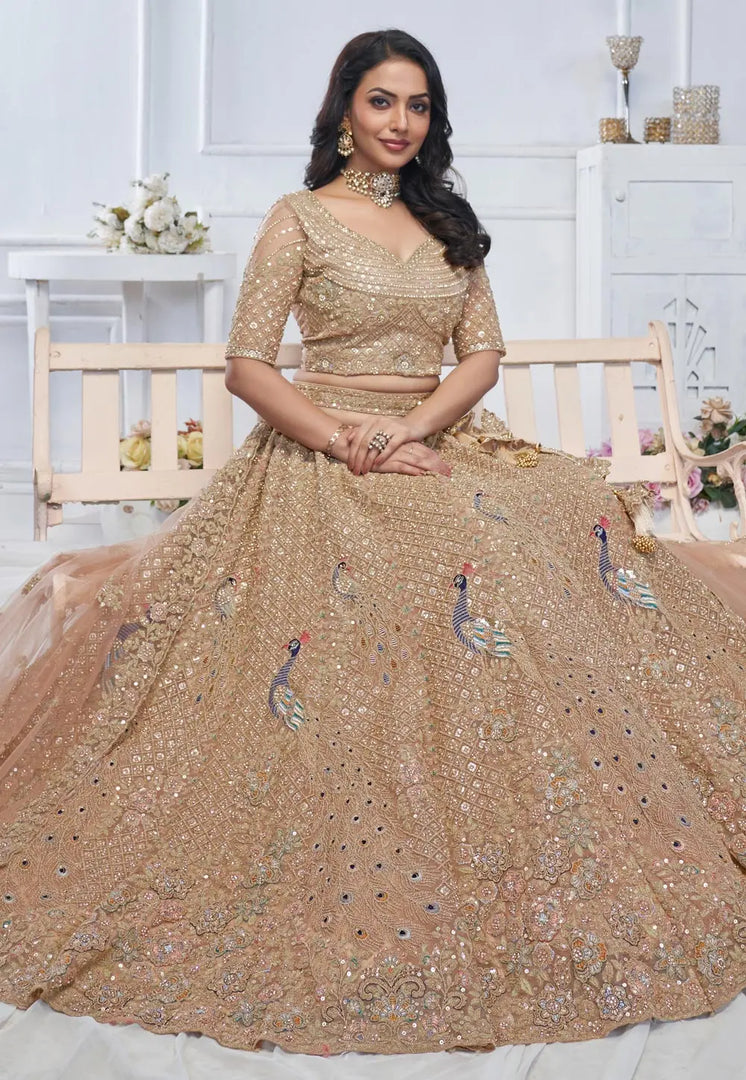 Peach Net Lehenga Choli For Wedding