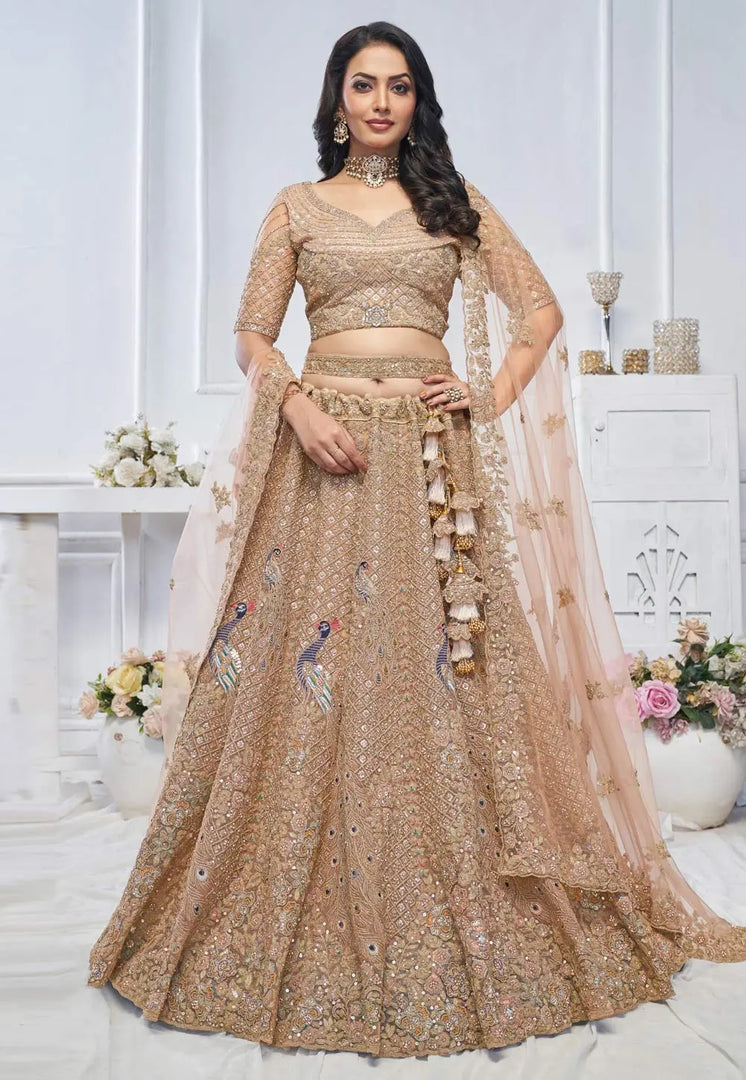 Peach Net Lehenga Choli For Wedding