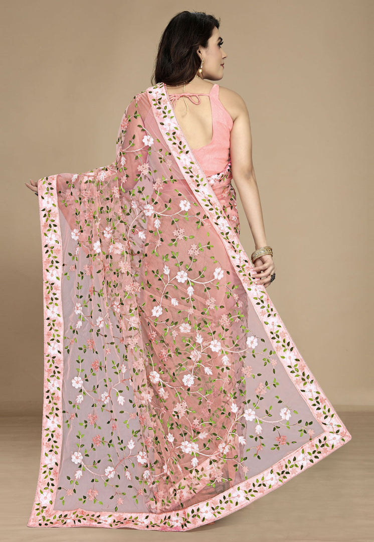 Peach Net Saree With Blouse