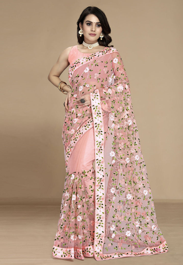 Peach Net Saree With Blouse