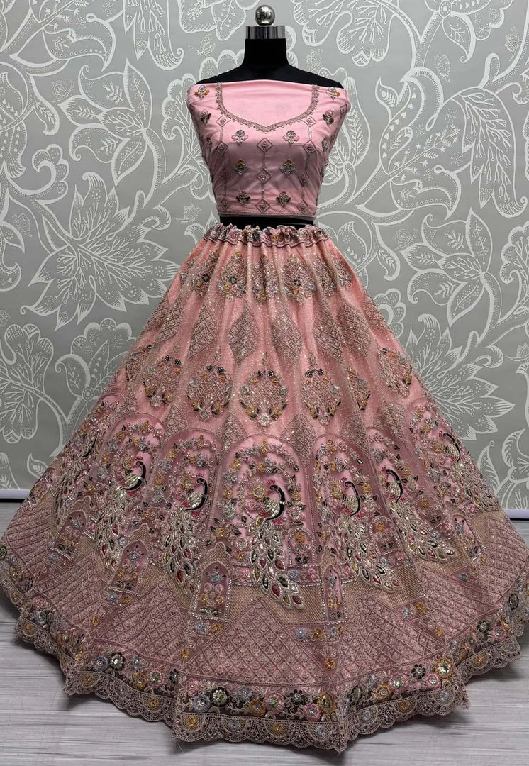Peach Net Wedding Lehenga Choli