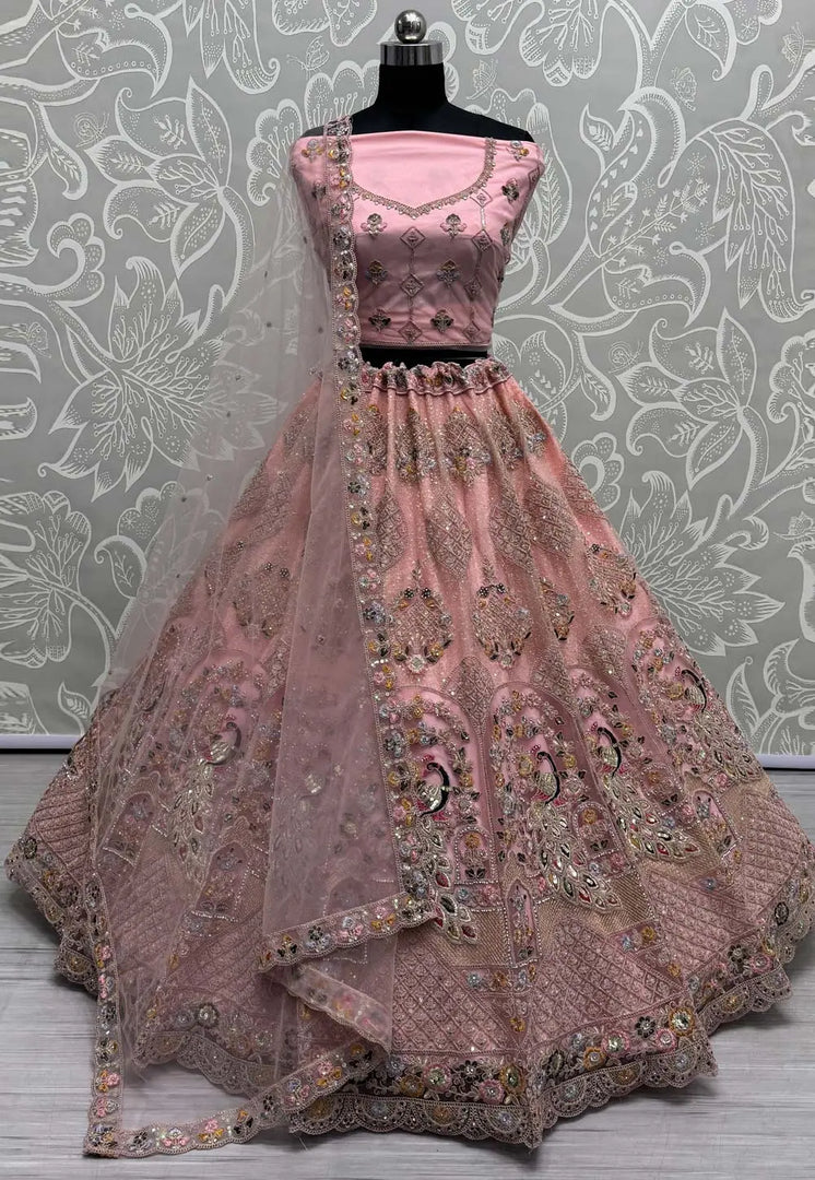 Peach Net Wedding Lehenga Choli