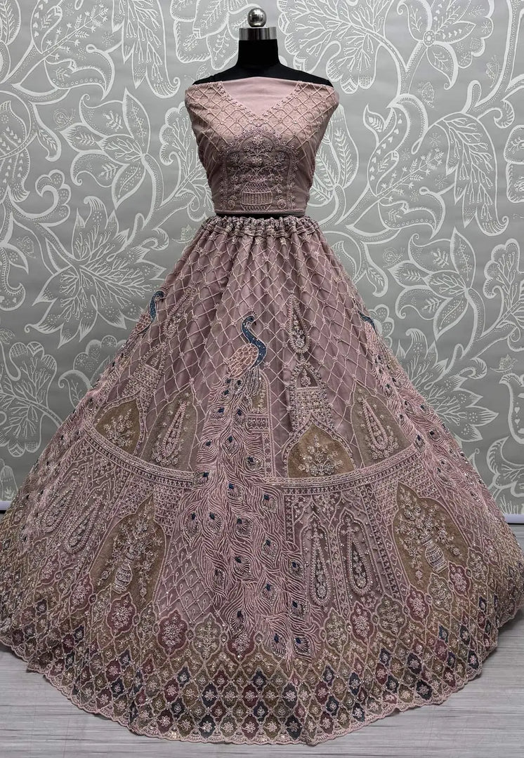Peach Net Wedding Lehenga Choli