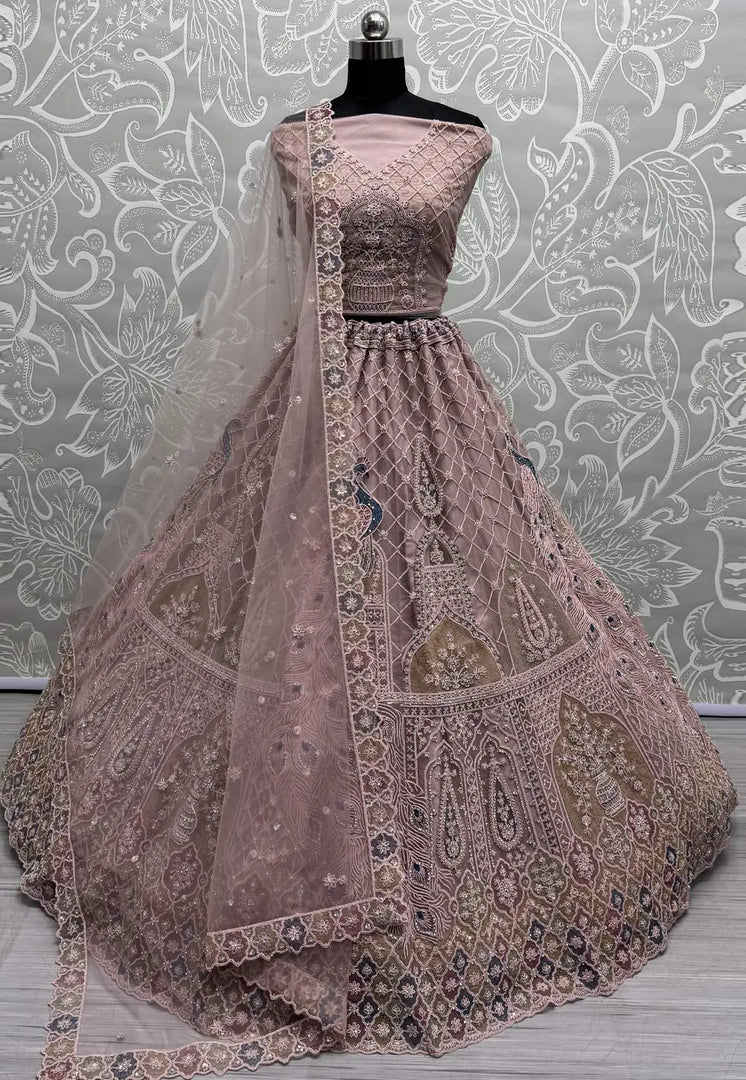 Peach Net Wedding Lehenga Choli