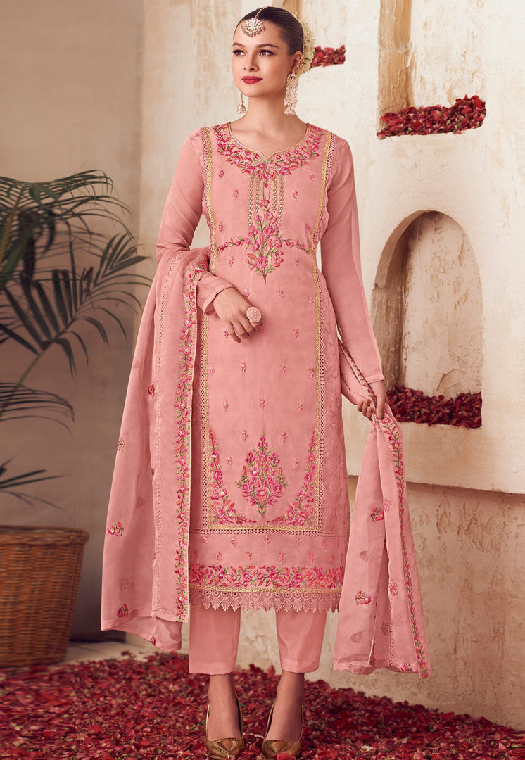 Peach Organza Pant Style Suit