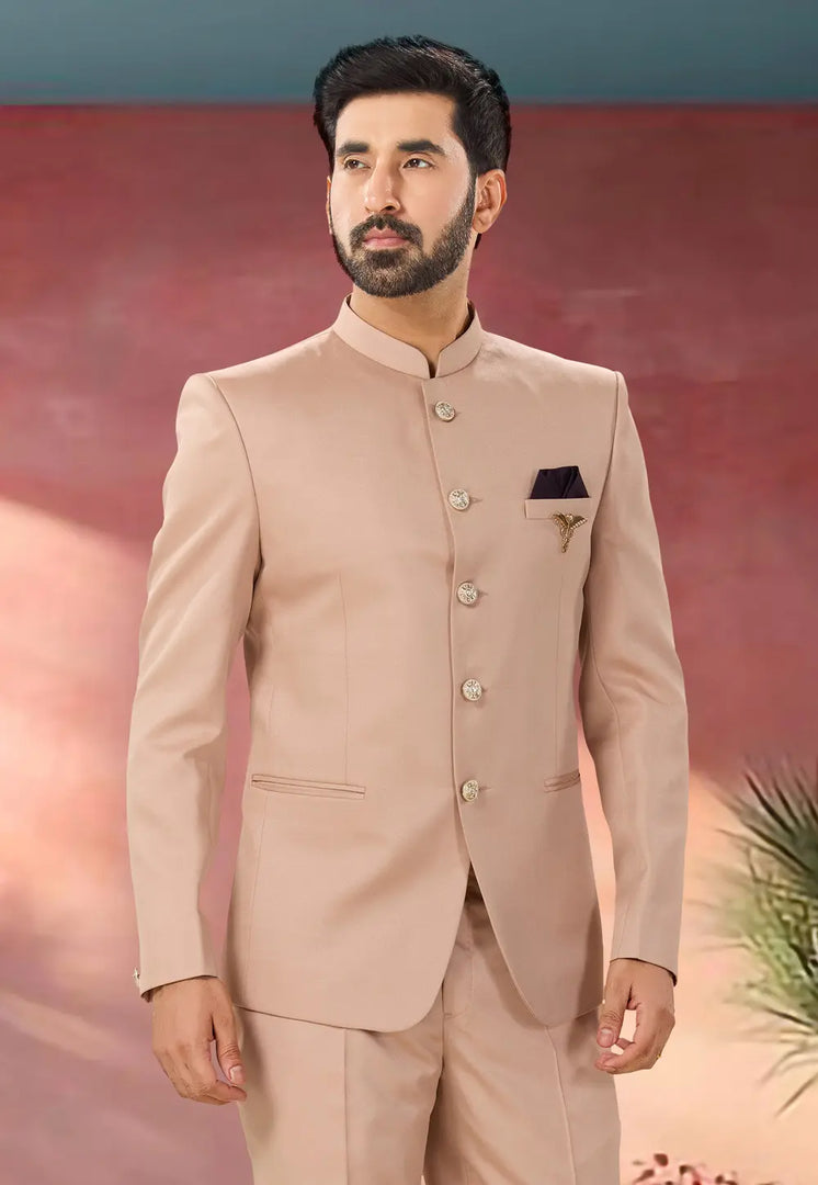 Peach Polyester Jodhpuri Suit