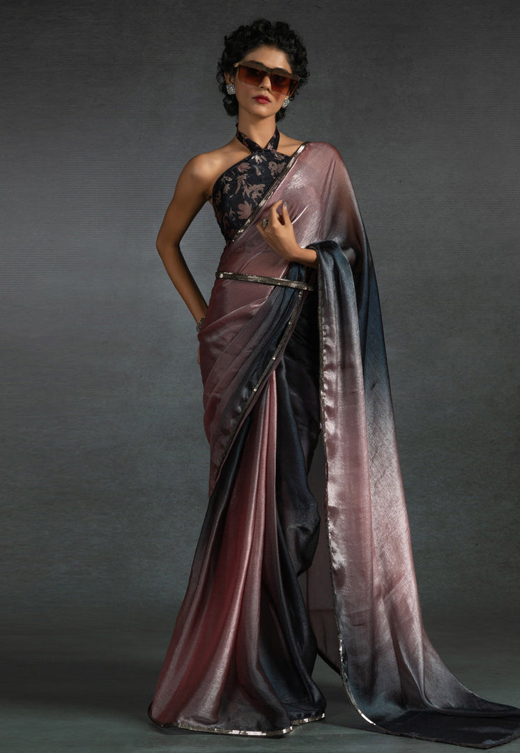 Peach Satin Silk Saree With Blouse