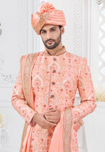 Load image into Gallery viewer, Peach Silk Achkan Style Sherwani
