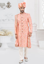 Load image into Gallery viewer, Peach Silk Achkan Style Sherwani
