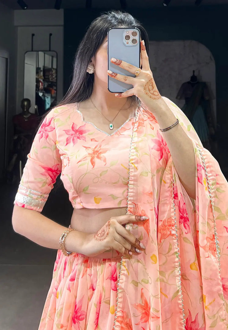 Peach Silk Floral Lehenga choli