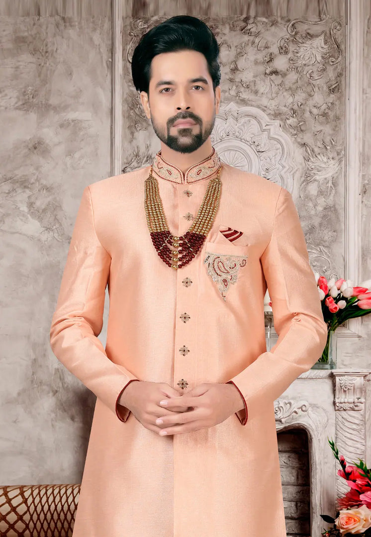 Peach Silk Indo Western Sherwani