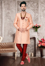 Load image into Gallery viewer, Peach Silk Indo Western Sherwani

