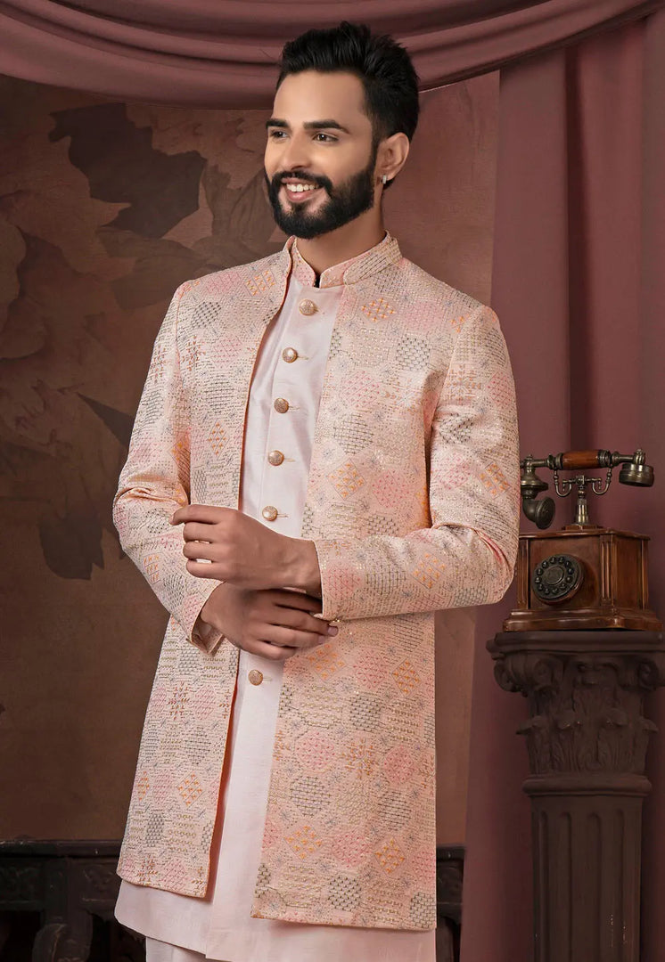 Peach Silk Jacket Style Sherwani
