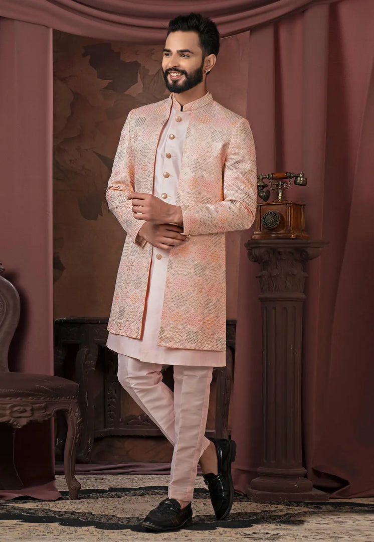 Peach Silk Jacket Style Sherwani