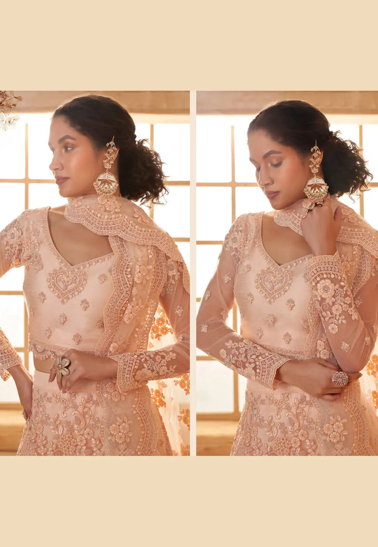 Peach Silk Net Wedding Lehenga Choli