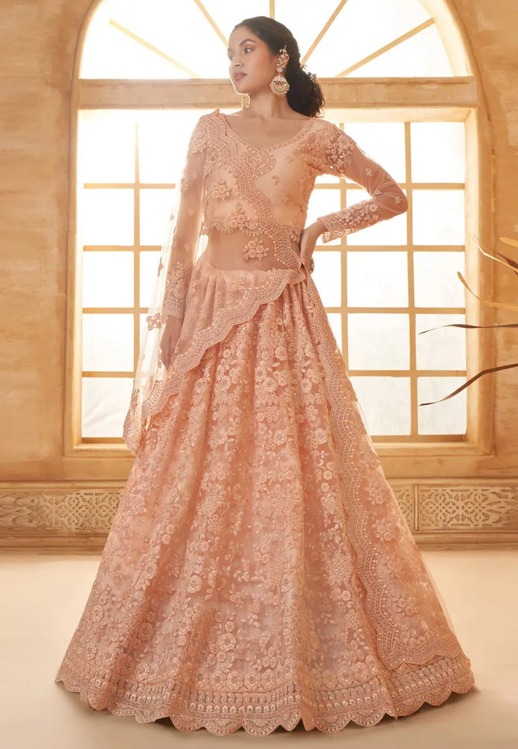 Peach Silk Net Wedding Lehenga Choli