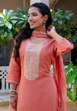 Load image into Gallery viewer, Peach Silk Readymade Palazzo Suit
