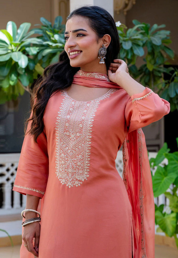 Peach Silk Readymade Palazzo Suit