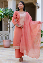 Load image into Gallery viewer, Peach Silk Readymade Palazzo Suit
