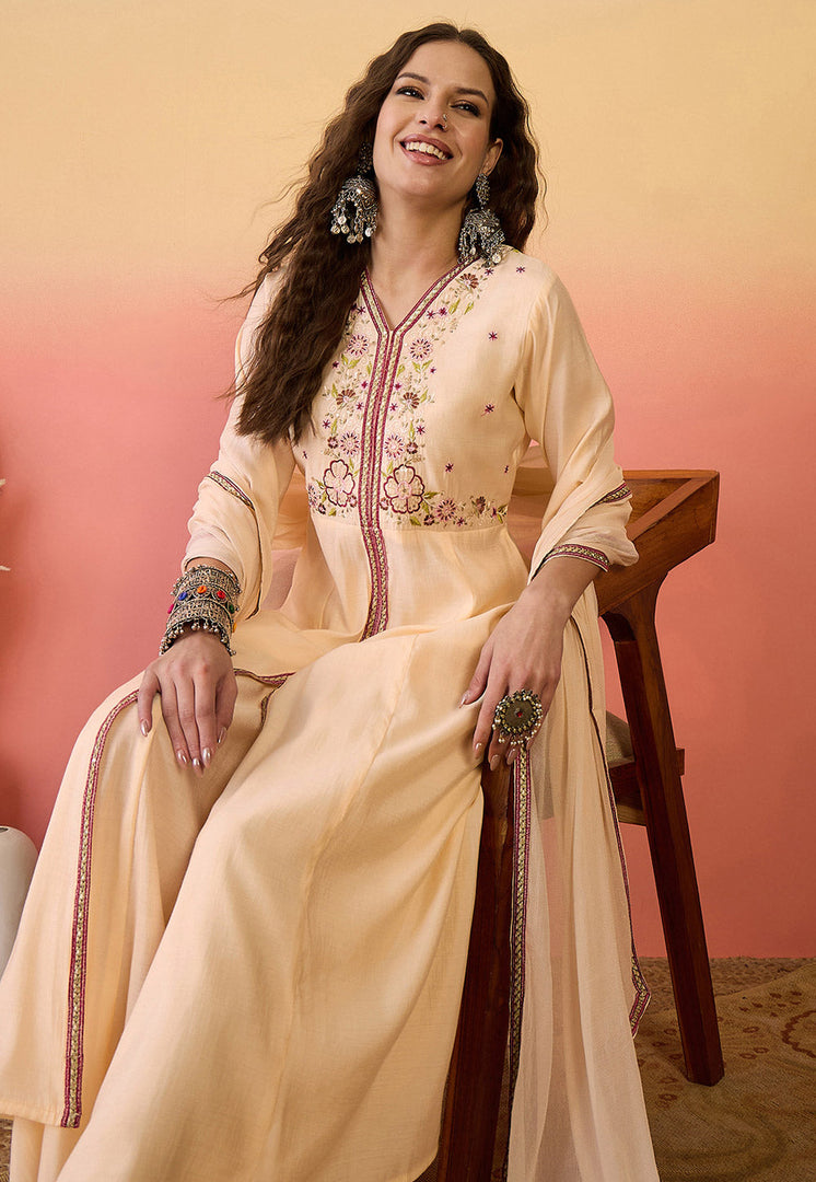 Peach Silk Readymade Palazzo Suit