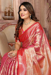 Peach Tissue Silk Saree With Blouse