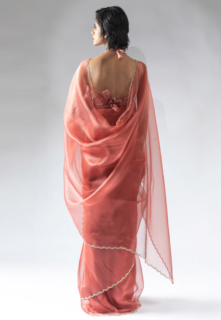 Peach Tissue Silk Saree With Blouse