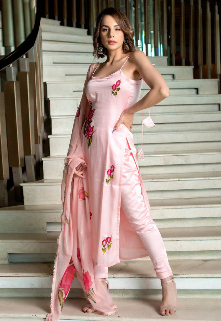 Peach Viscose Crepe Readymade Pant Style Suit