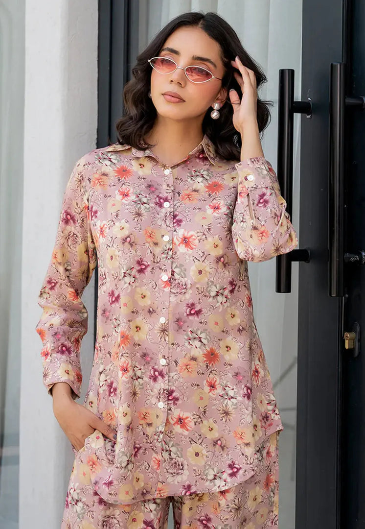 Peach Viscose Rayon Printed Co-Ords Set