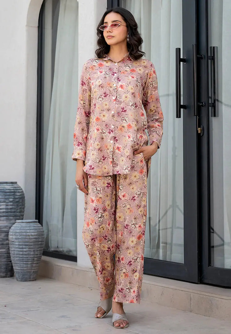 Peach Viscose Rayon Printed Co-Ords Set