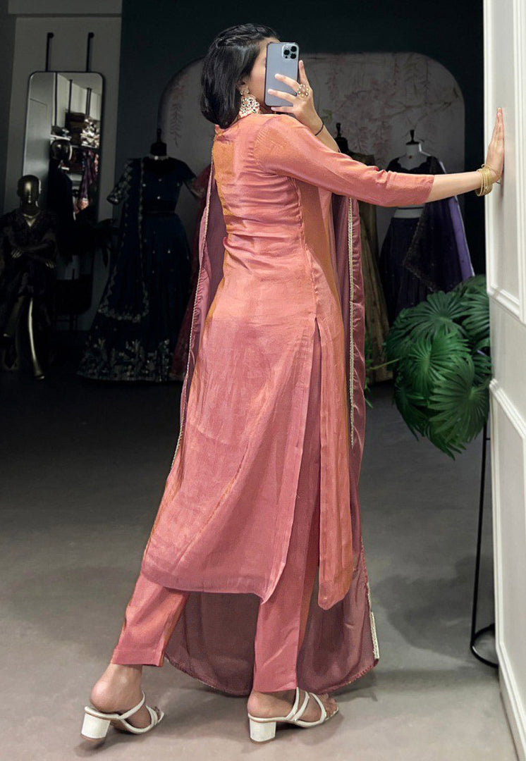 Peach Viscose Readymade Pant Style Suit