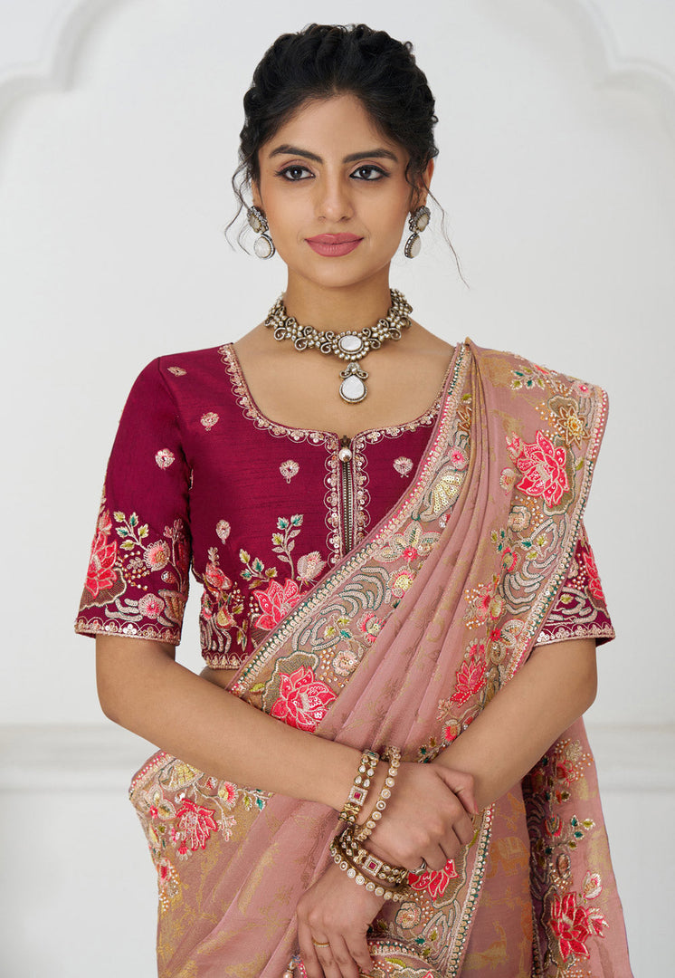 Peach Viscose Saree With Blouse