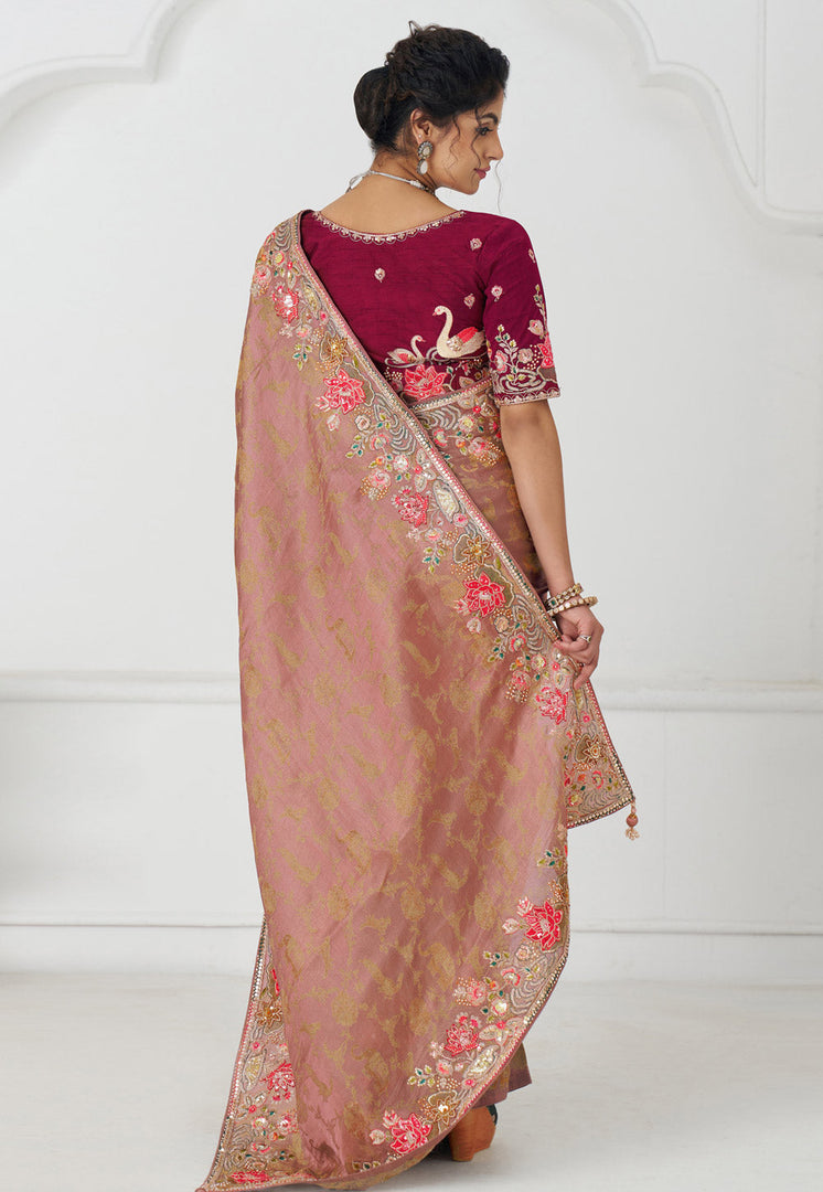 Peach Viscose Saree With Blouse