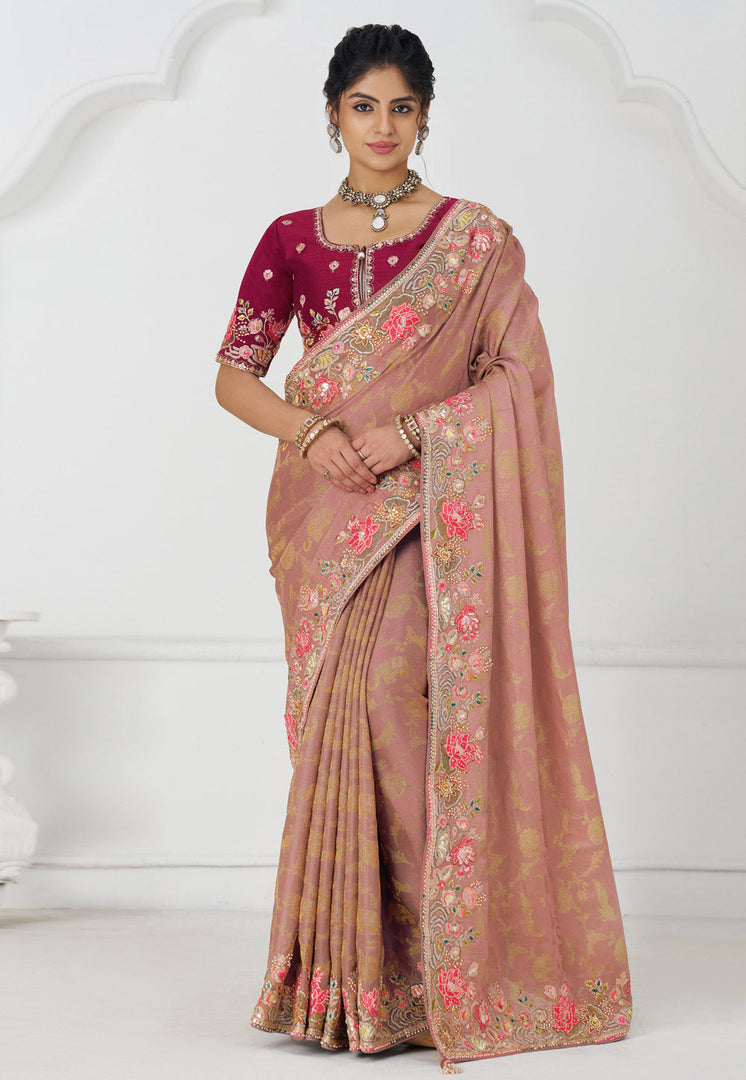 Peach Viscose Saree With Blouse