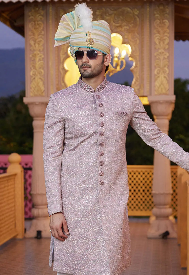 Pink Art Silk Achkan Style Sherwani