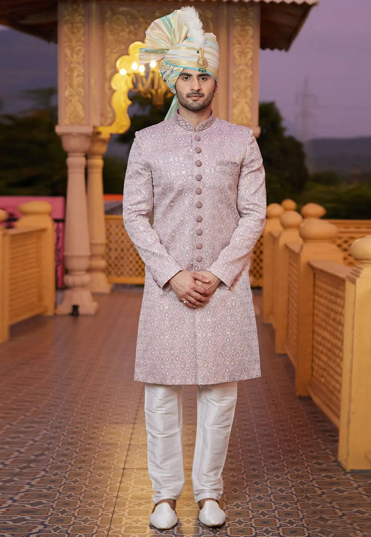 Pink Art Silk Achkan Style Sherwani