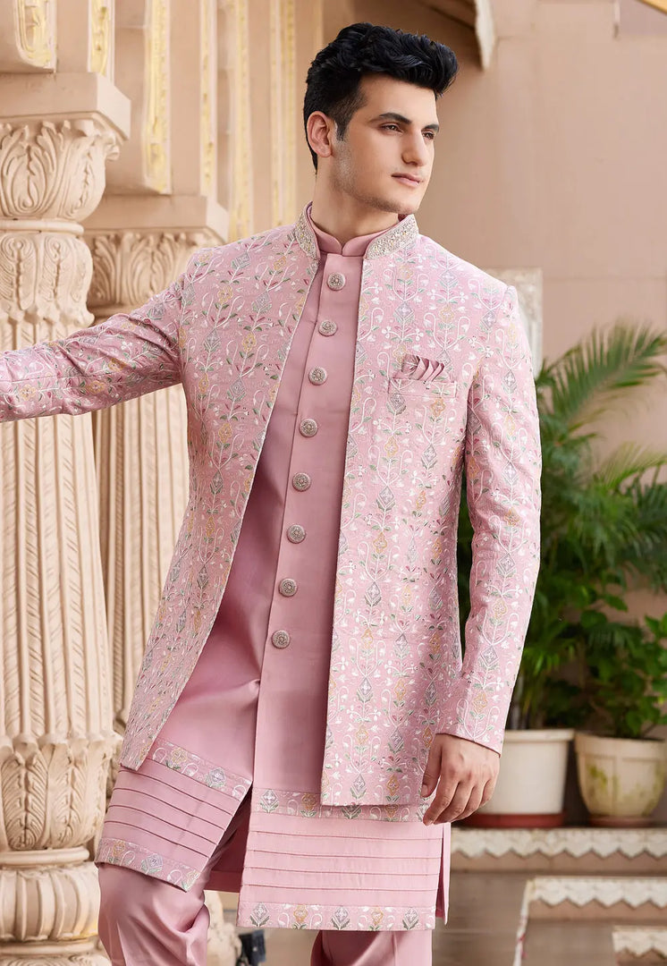Pink Art Silk Jacket Style Sherwani