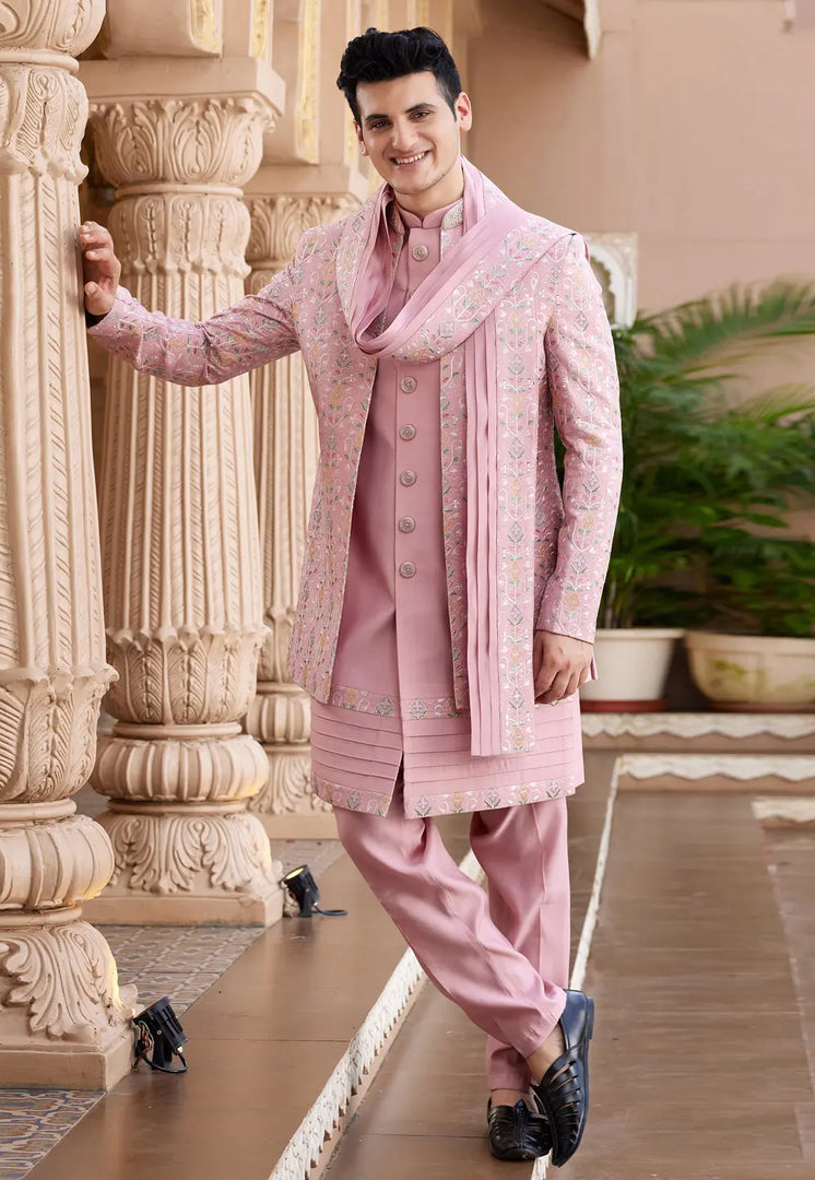 Pink Art Silk Jacket Style Sherwani