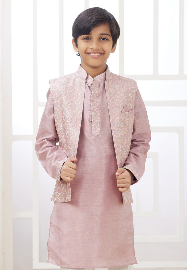 Pink Art Silk Kids Kurta Pajama With Jacket