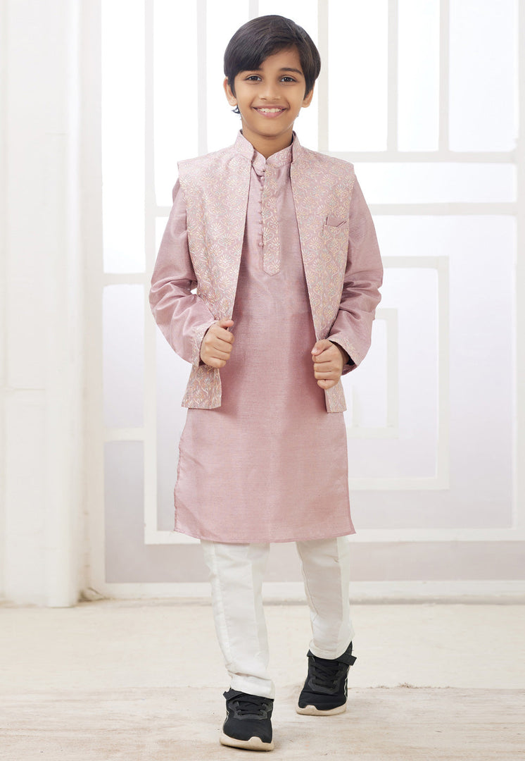 Pink Art Silk Kids Kurta Pajama With Jacket