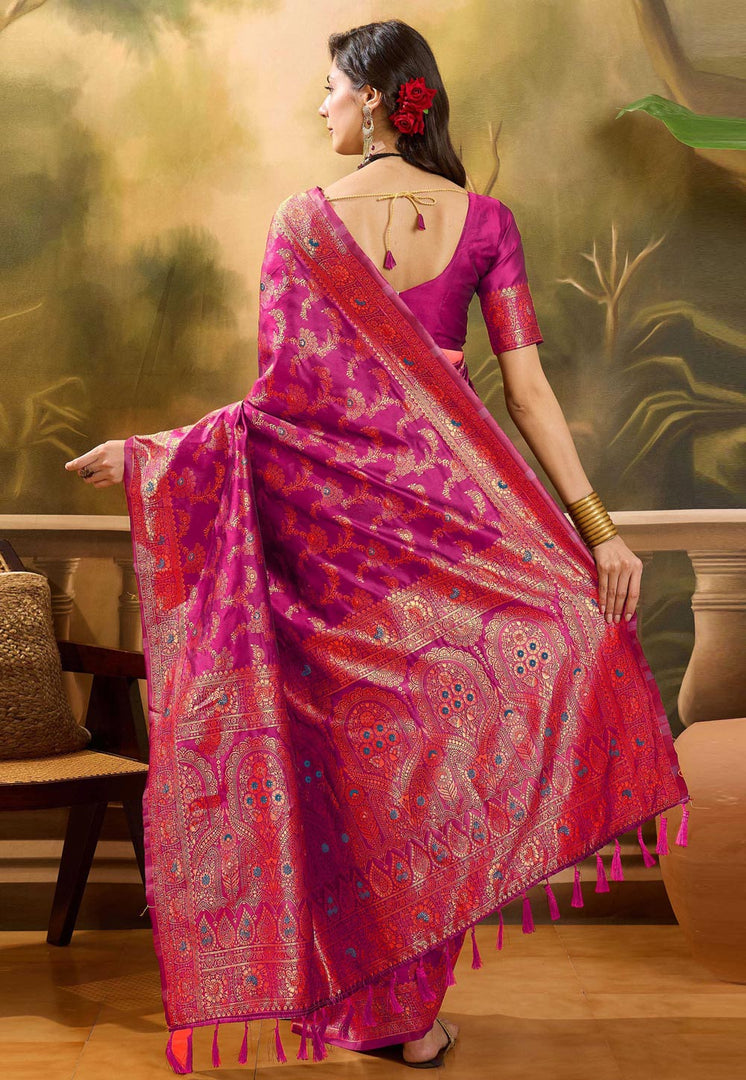 Pink Banarasi Jacquard Saree With Blouse