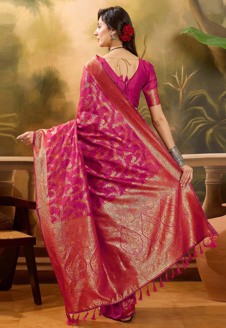 Pink Banarasi Jacquard Saree With Blouse