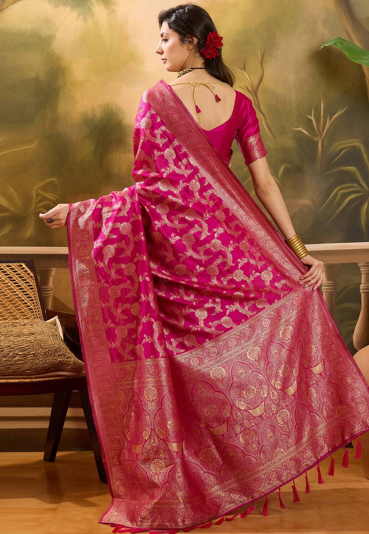 Pink Banarasi Jacquard Saree With Blouse