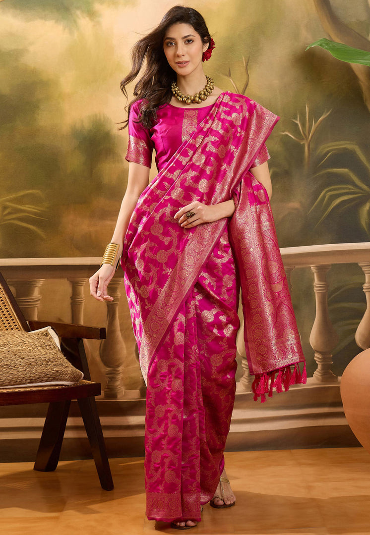 Pink Banarasi Jacquard Saree With Blouse