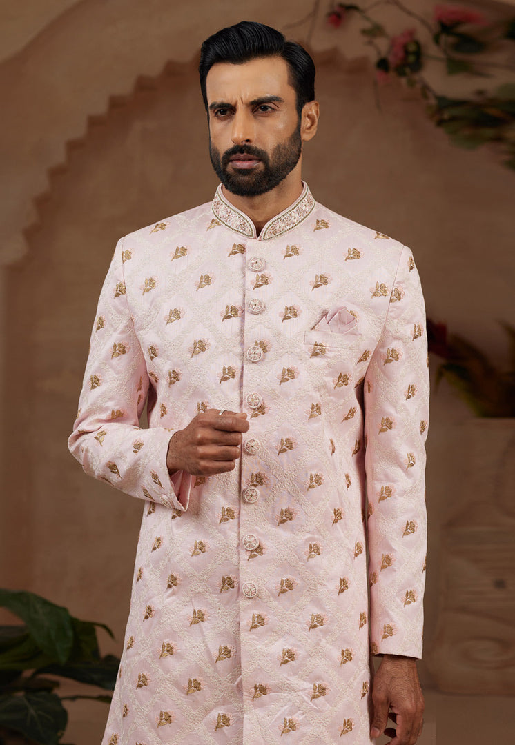 Pink Banarasi Silk Indo Western Sherwani