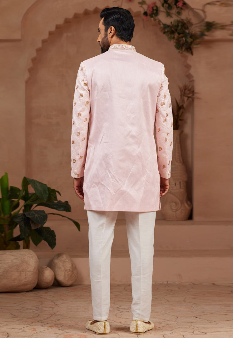 Pink Banarasi Silk Indo Western Sherwani