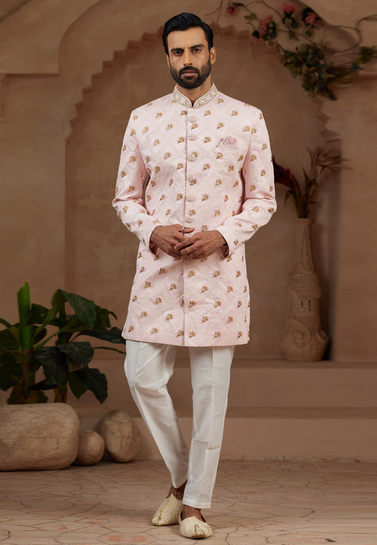 Pink Banarasi Silk Indo Western Sherwani