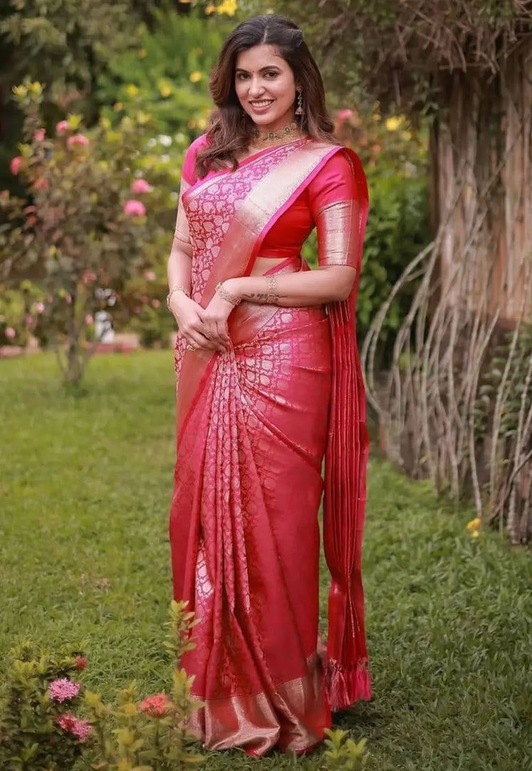 Pink Banarasi Silk Saree With Blouse