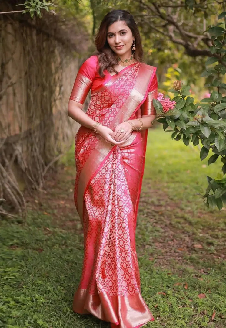 Pink Banarasi Silk Saree With Blouse