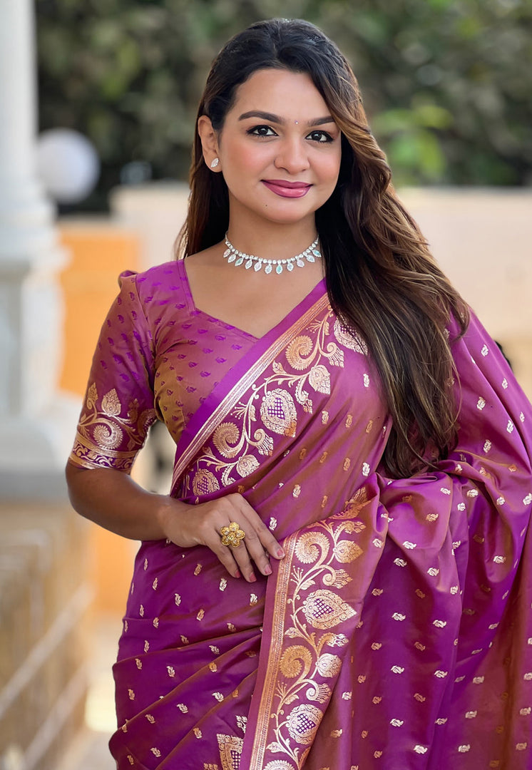 Pink Banarasi Silk Saree With Blouse